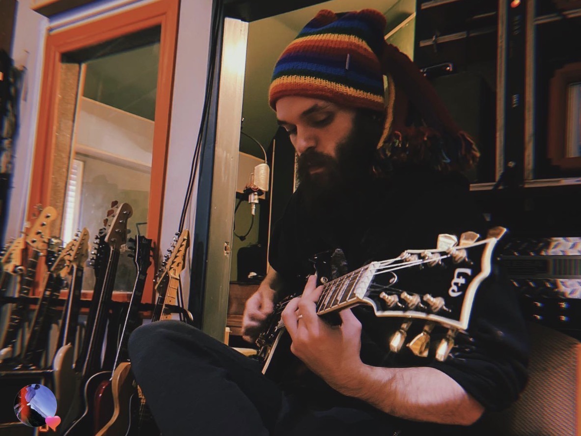 spaced guitarist practice in the studio
